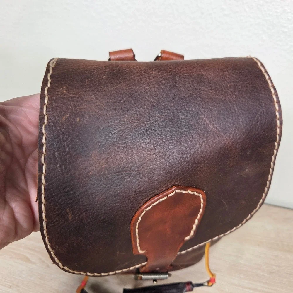 Vintage Brown Genuine Leather Backpack Drawstring Tassel Boho Western Rucksack